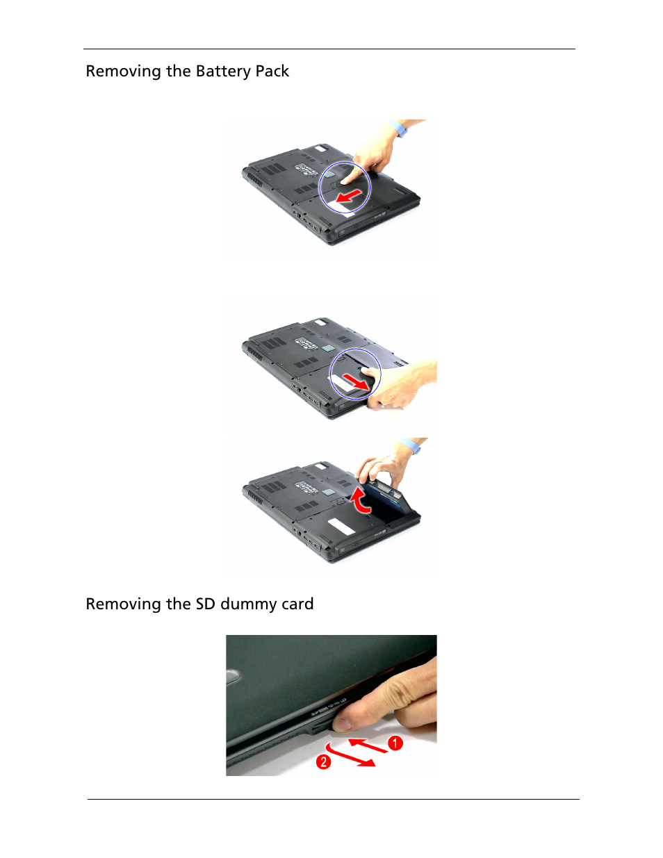 Removing the battery pack, Removing the sd dummy card | Acer 5220G User Manual | Page 70 / 180