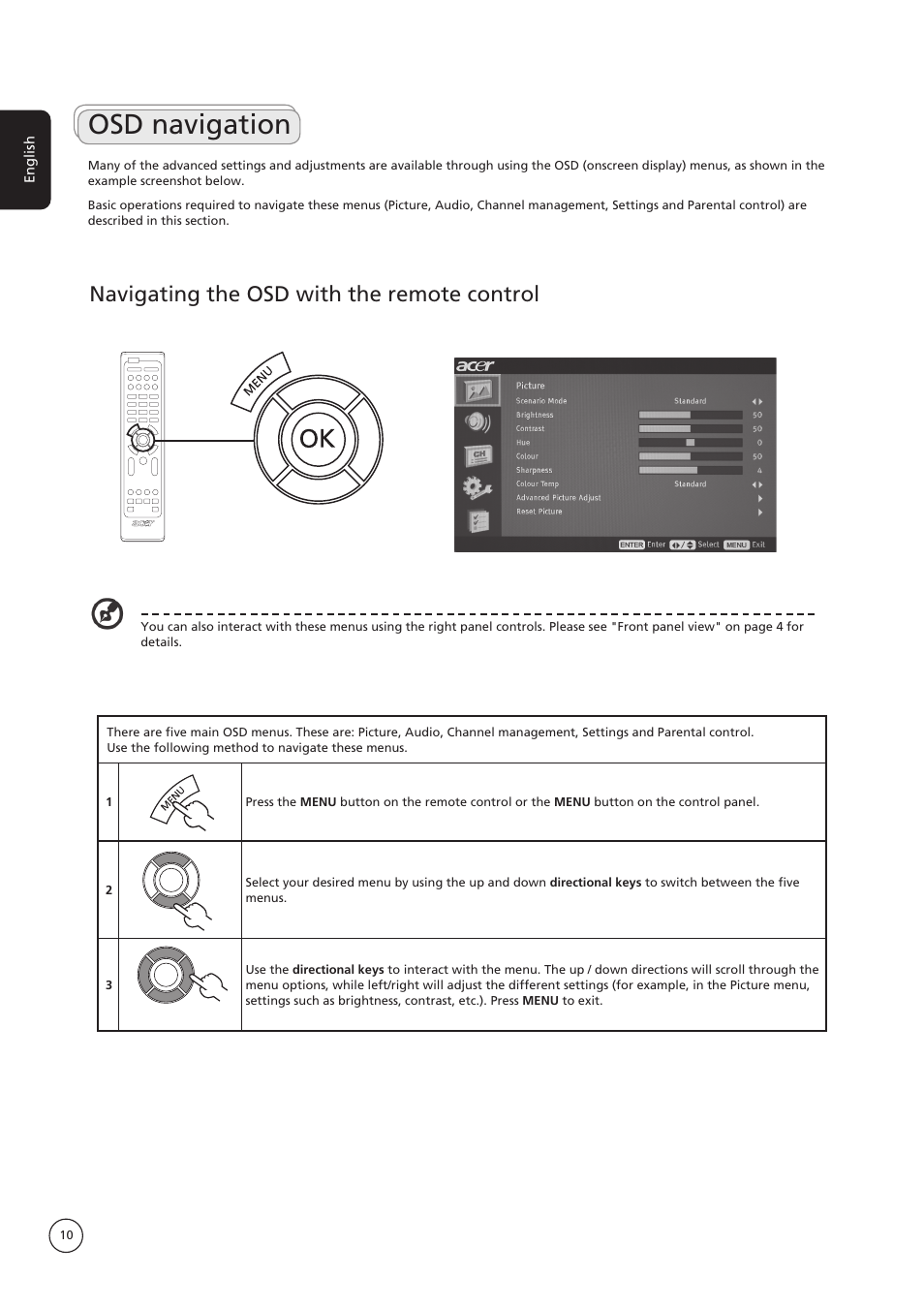 Osd navigation, Navigating the osd with the remote control | Acer AT1935 User Manual | Page 10 / 24