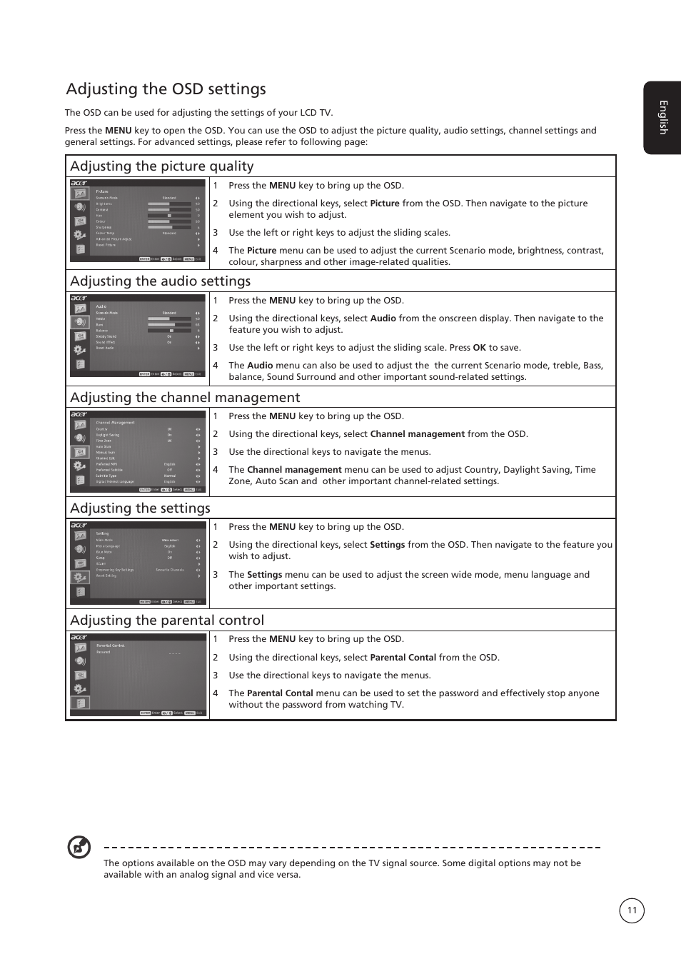 Adjusting the osd settings, Adjusting the picture quality, Adjusting the audio settings | Adjusting the channel management, Adjusting the settings, Adjusting the parental control | Acer AT1935 User Manual | Page 11 / 24