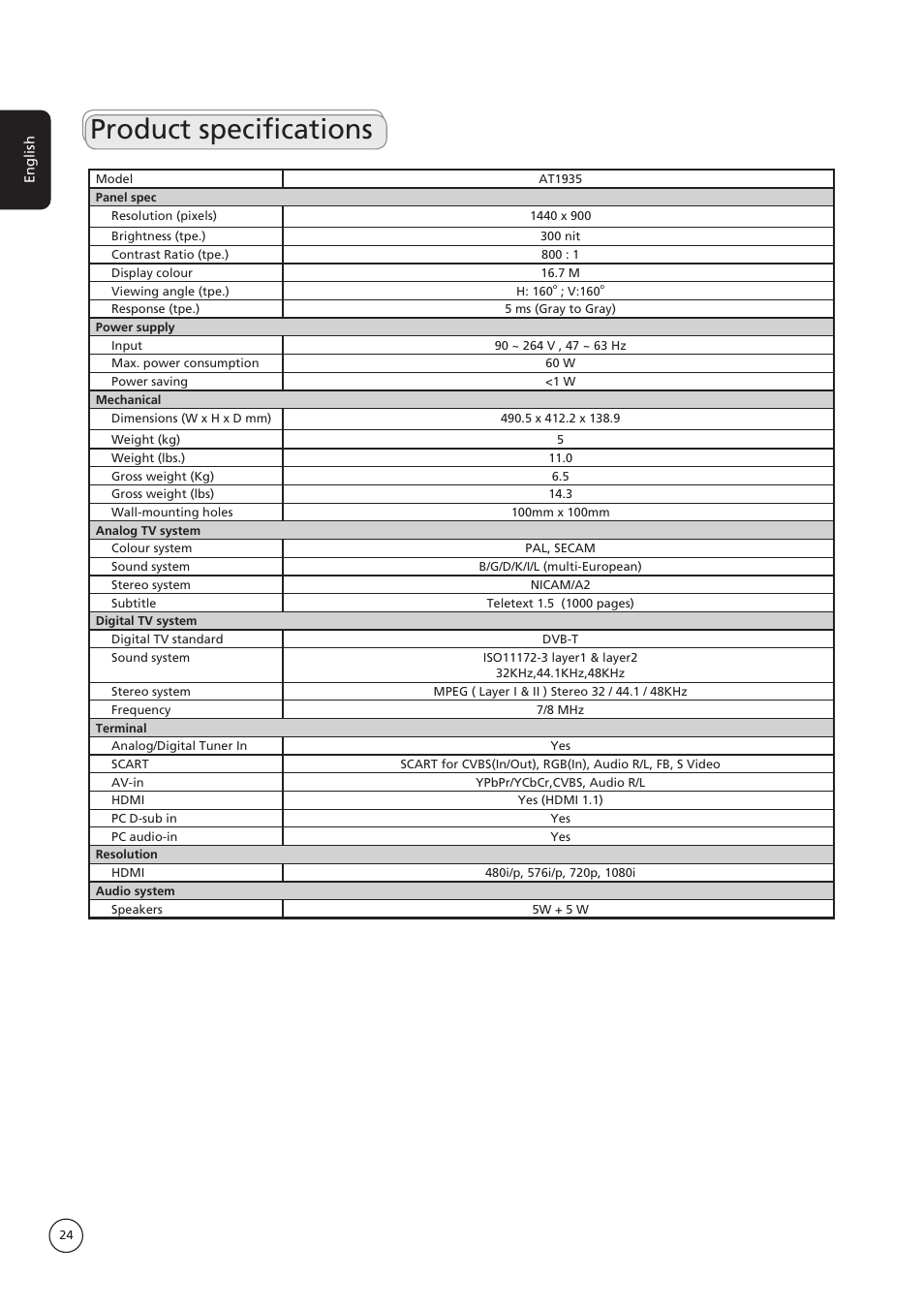 Product specifications | Acer AT1935 User Manual | Page 24 / 24