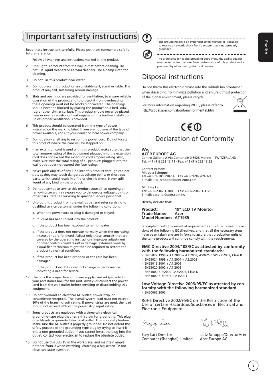 Important safety instructions, Disposal instructions, Declaration of conformity | Acer AT1935 User Manual | Page 3 / 24