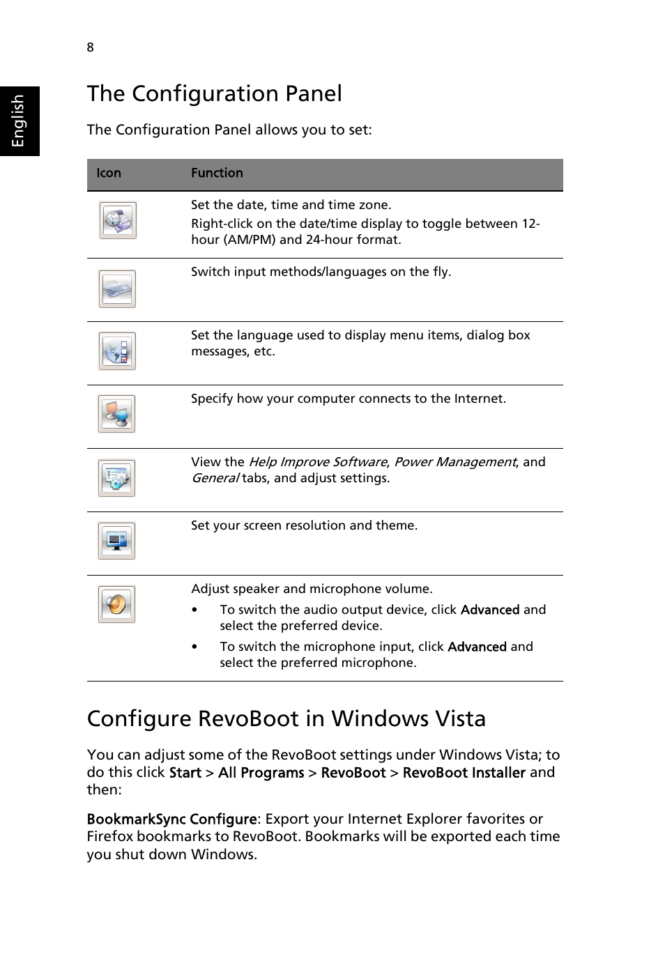 The configuration panel, Configure revoboot in windows vista | Acer Aspire R3600 User Manual | Page 18 / 36