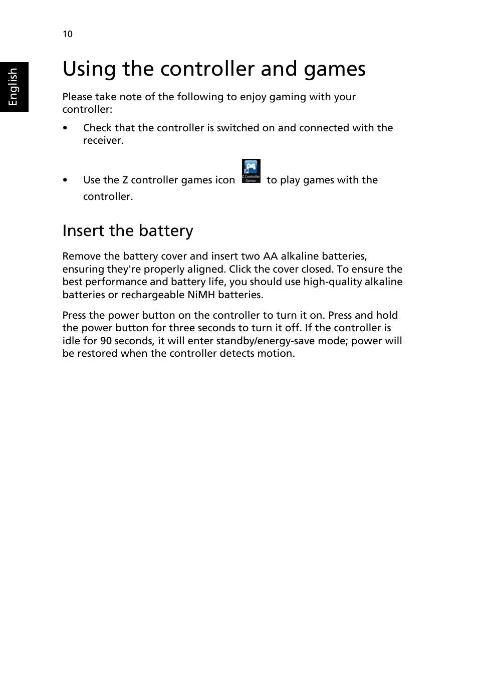 Using the controller and games, Insert the battery | Acer Aspire R3600 User Manual | Page 20 / 36