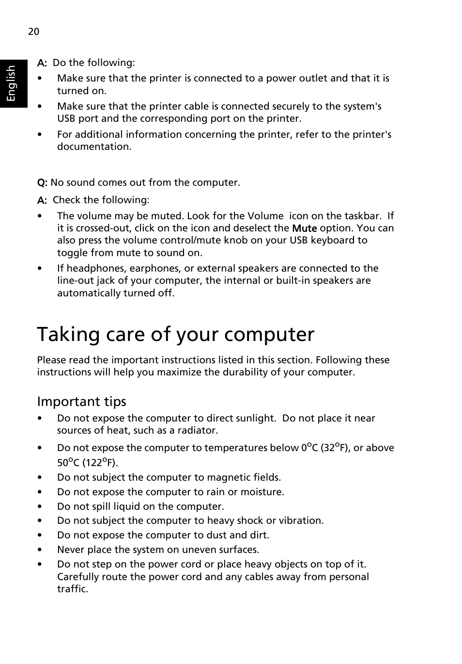 Taking care of your computer, Important tips | Acer Aspire R3600 User Manual | Page 30 / 36