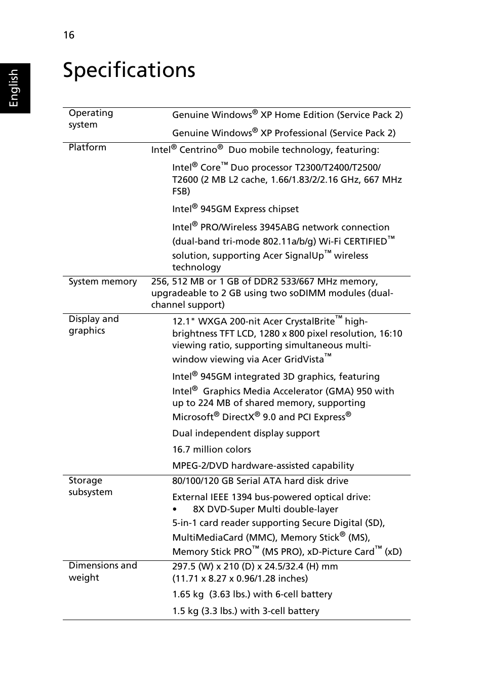 Specifications, English | Acer 3010 User Manual | Page 26 / 88