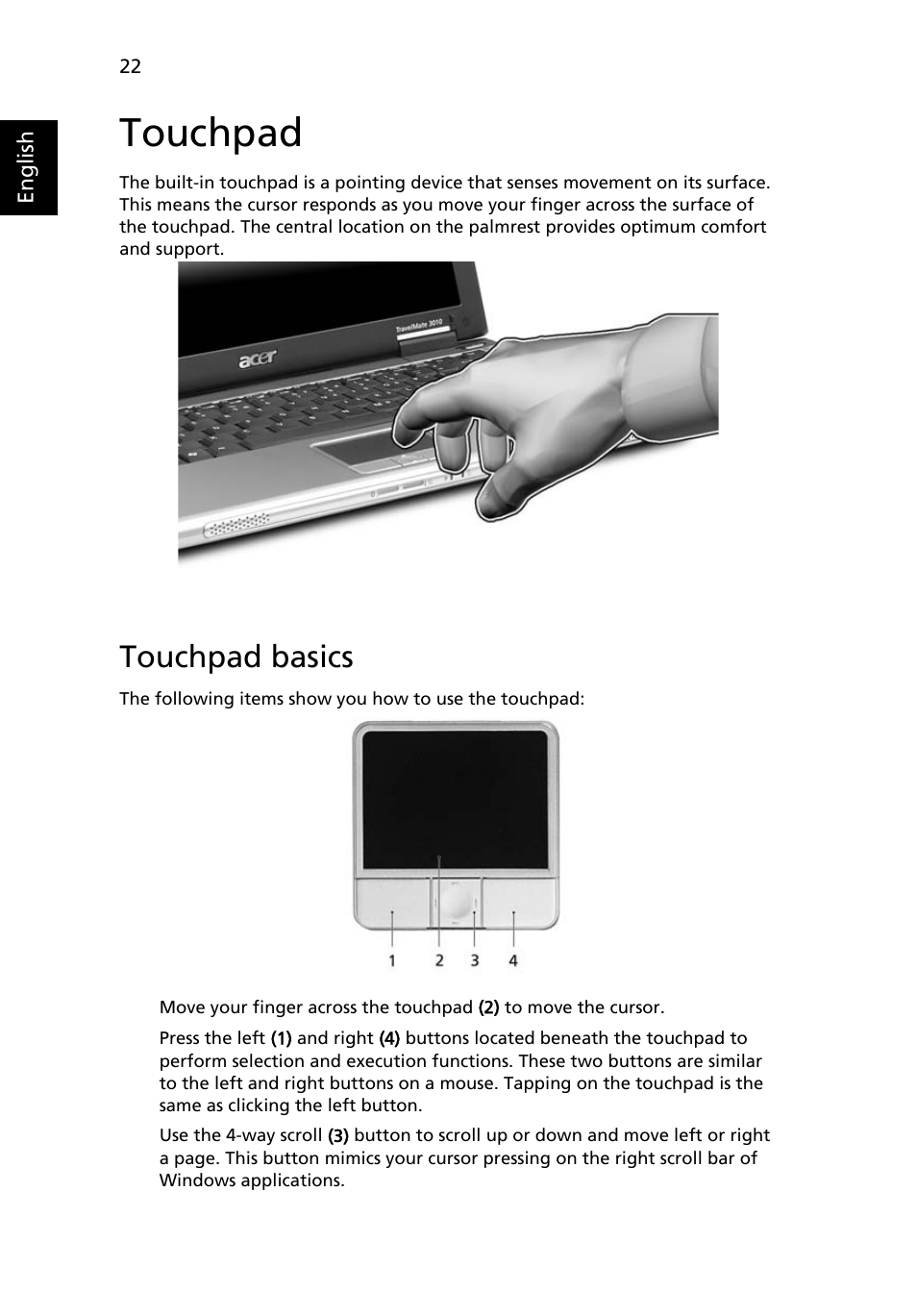 Touchpad, Touchpad basics | Acer 3010 User Manual | Page 32 / 88