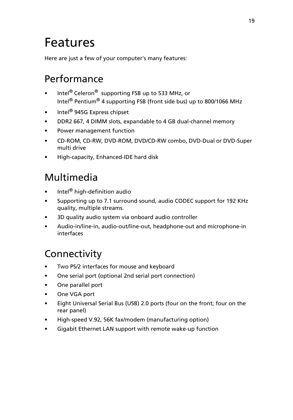 Features, Performance, Multimedia | Connectivity | Acer 6800 User Manual | Page 27 / 100