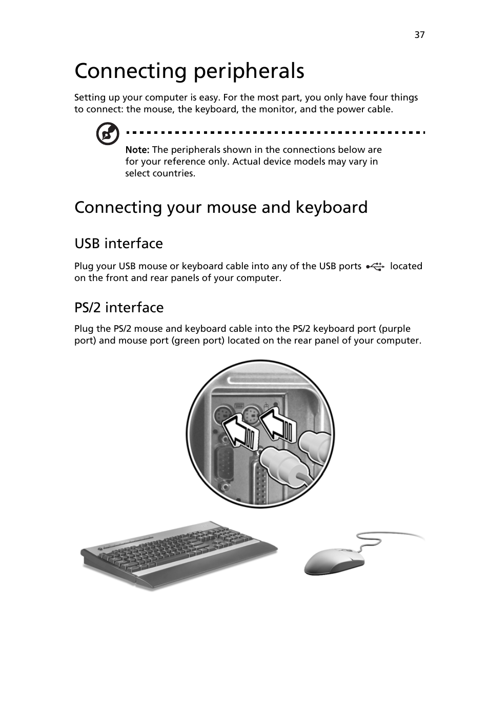 Connecting peripherals, Connecting your mouse and keyboard, Usb interface | Ps/2 interface | Acer 6800 User Manual | Page 45 / 100