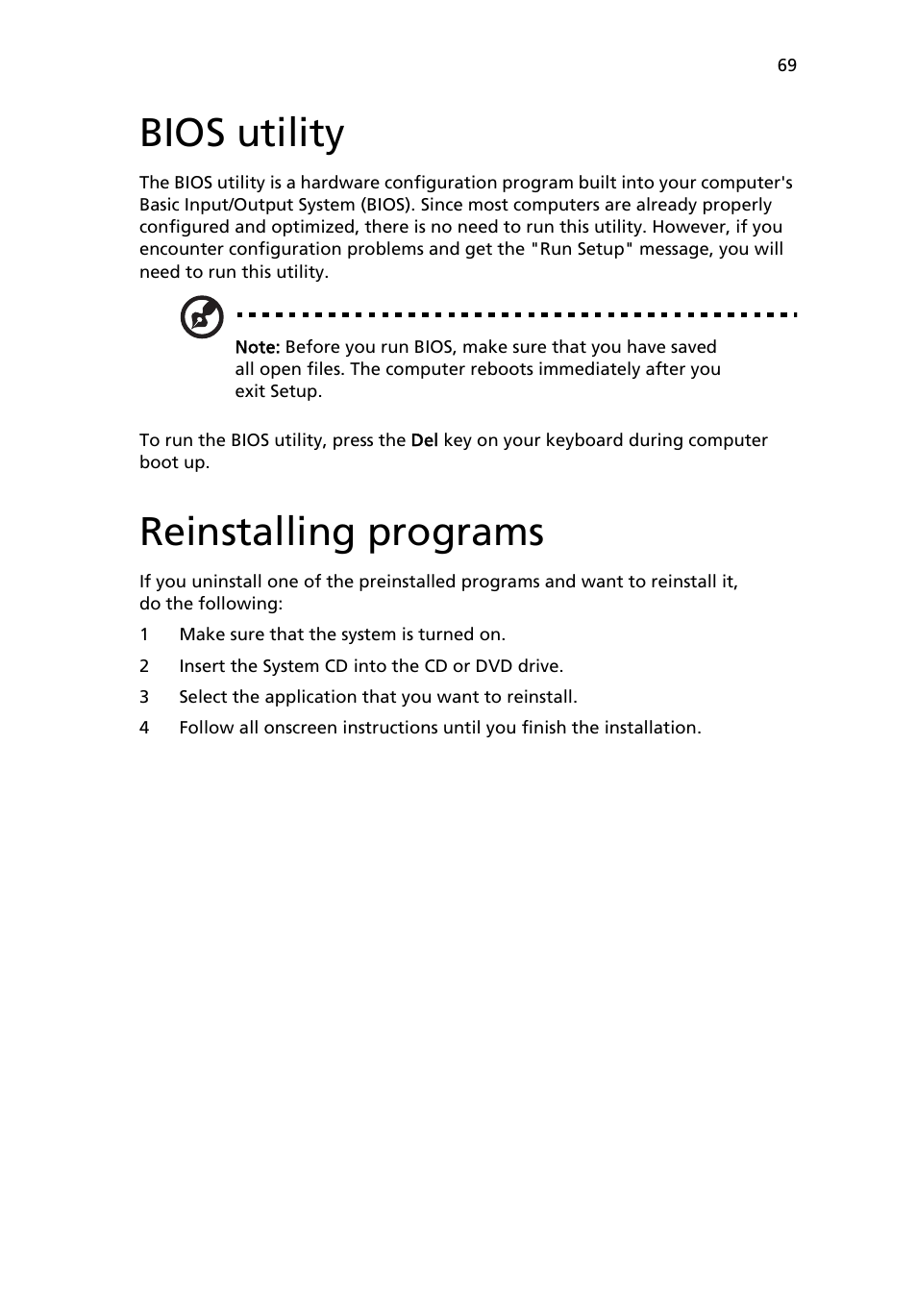 Bios utility, Reinstalling programs | Acer 6800 User Manual | Page 77 / 100