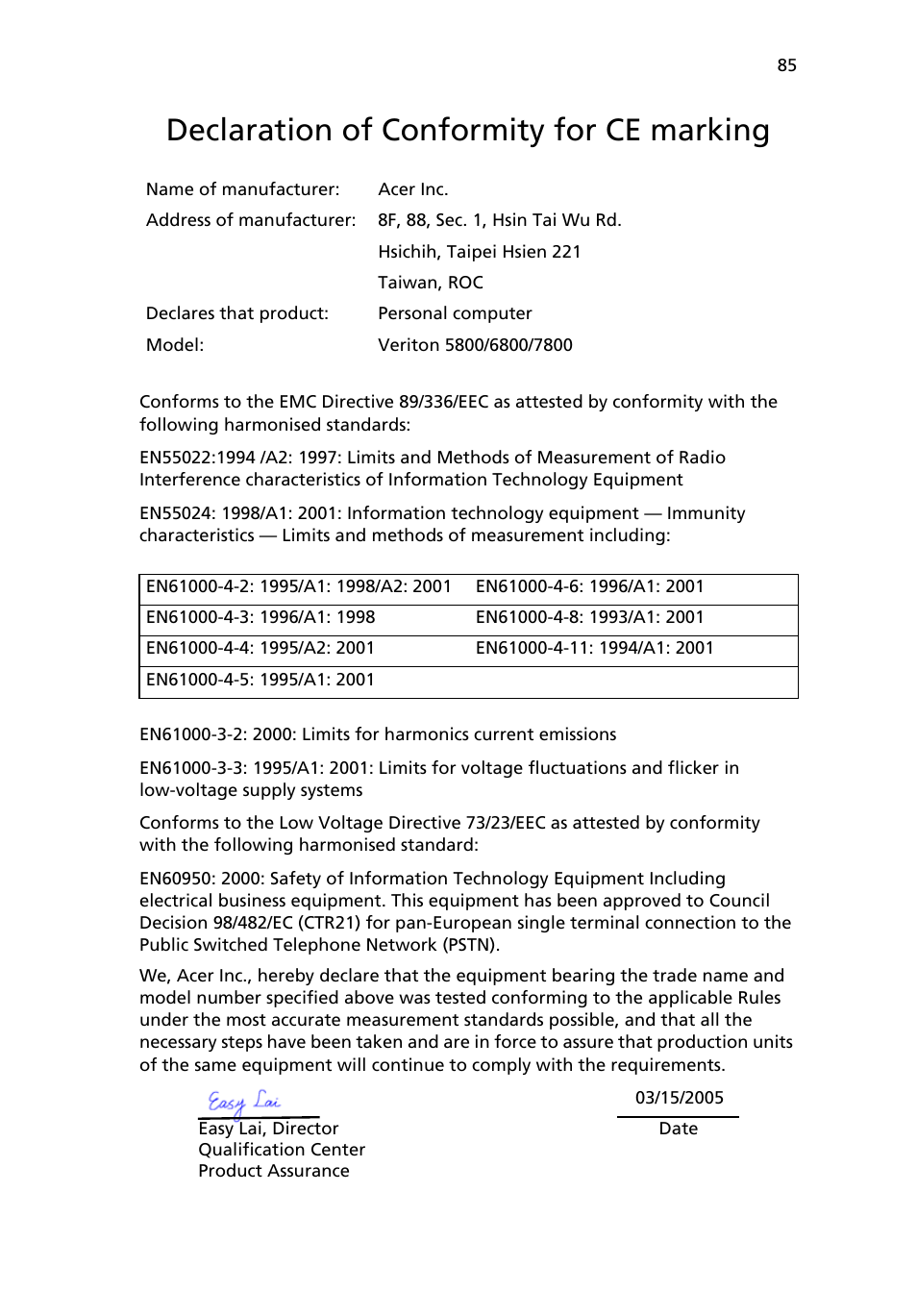 Declaration of conformity for ce marking | Acer 6800 User Manual | Page 93 / 100