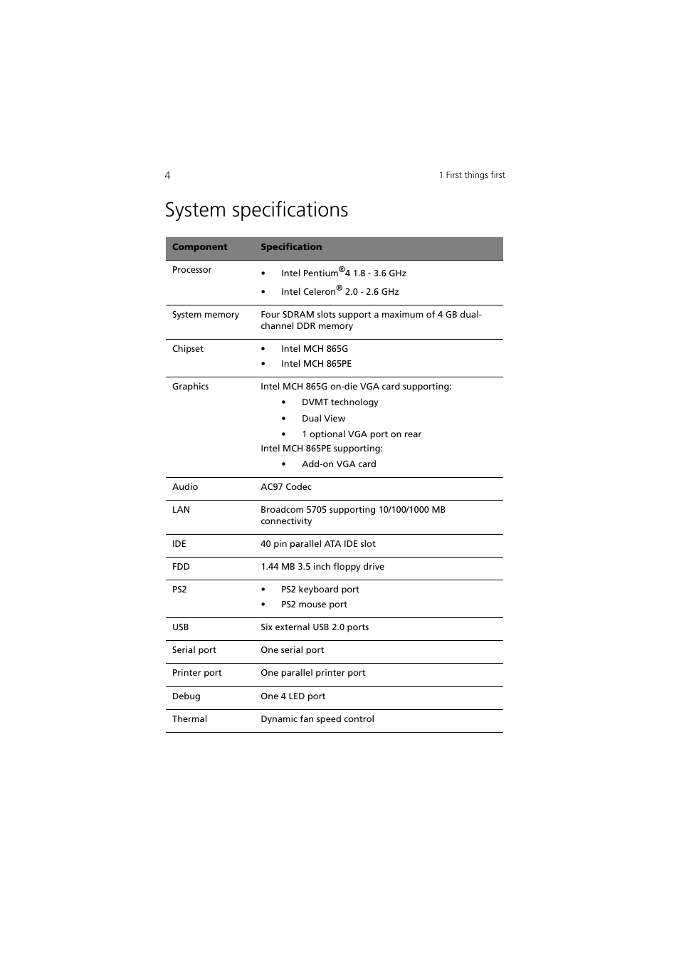 System specifications | Acer 5600 series User Manual | Page 10 / 122