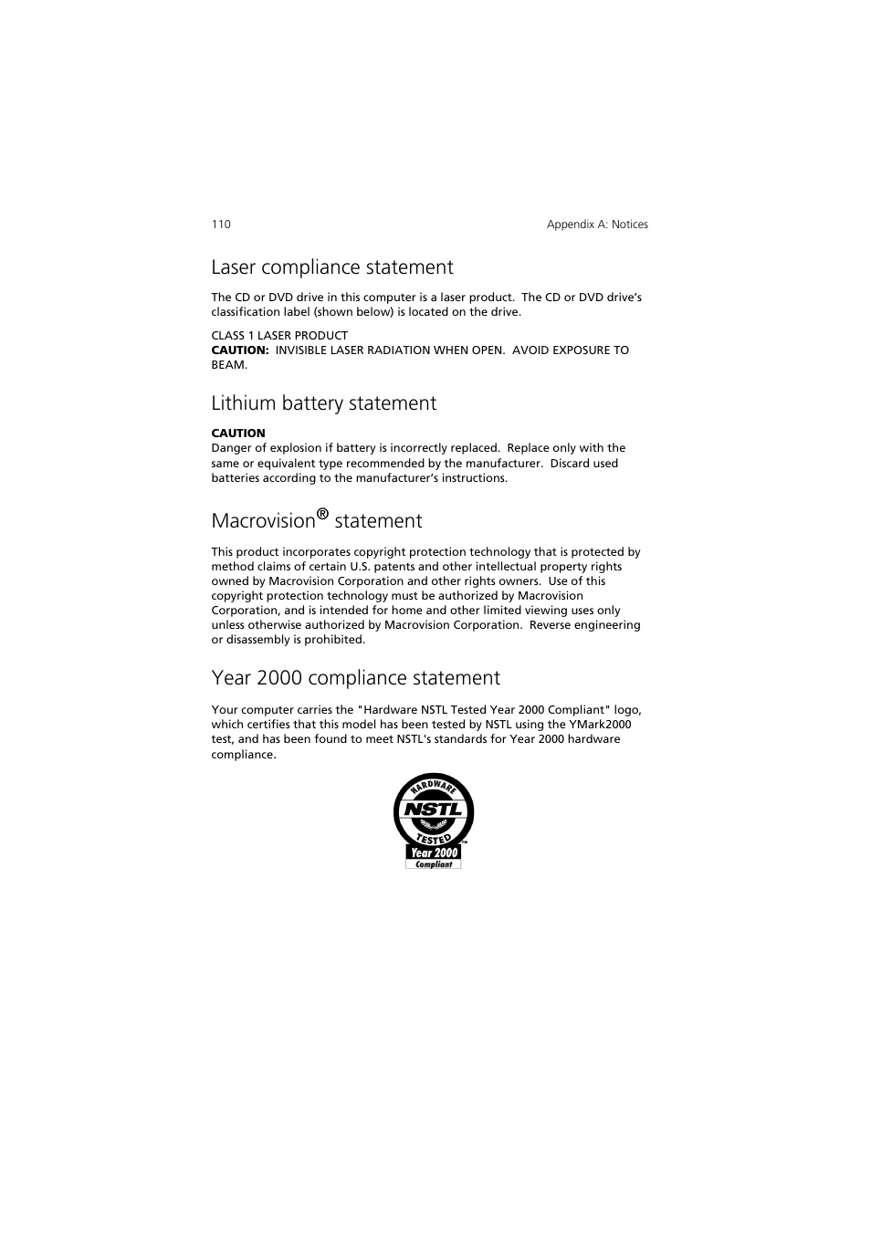 Laser compliance statement, Lithium battery statement, Macrovision® statement | Year 2000 compliance statement, Macrovision, Statement | Acer 5600 series User Manual | Page 116 / 122