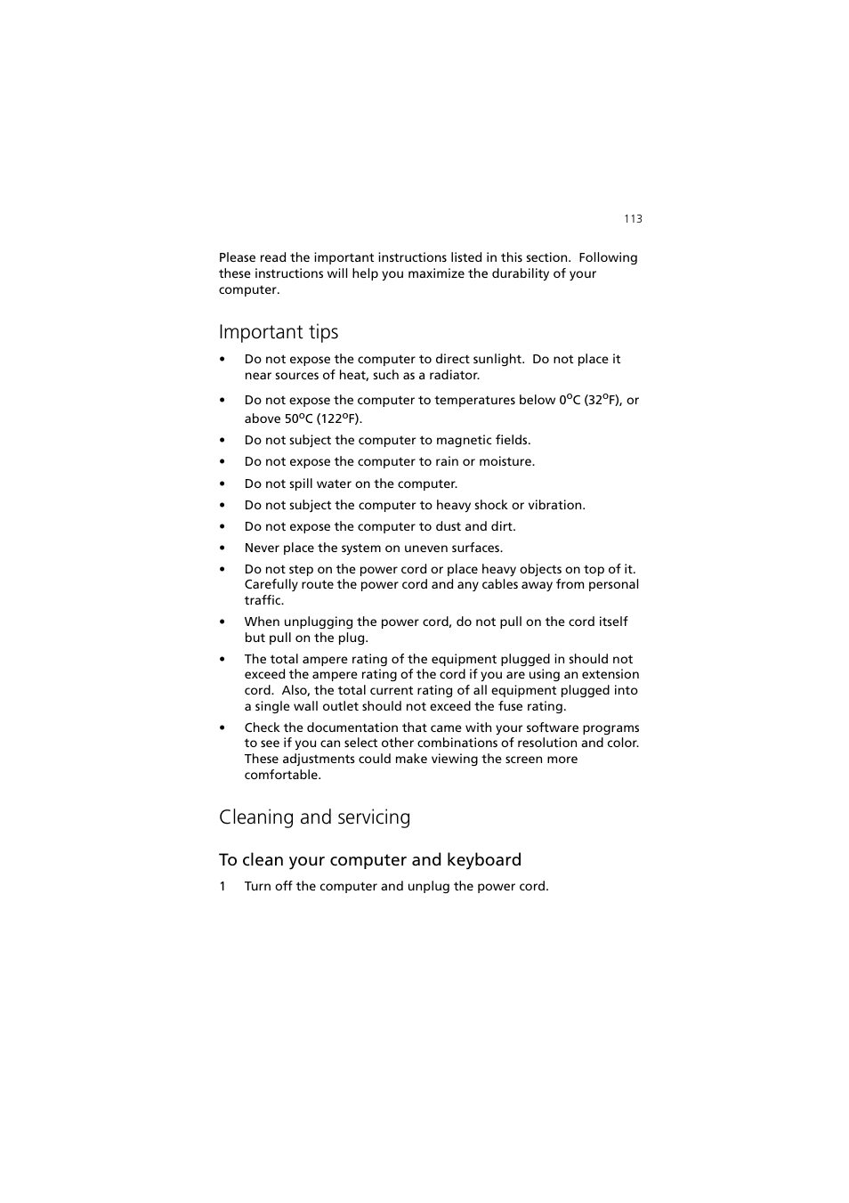 Important tips, Cleaning and servicing | Acer 5600 series User Manual | Page 119 / 122