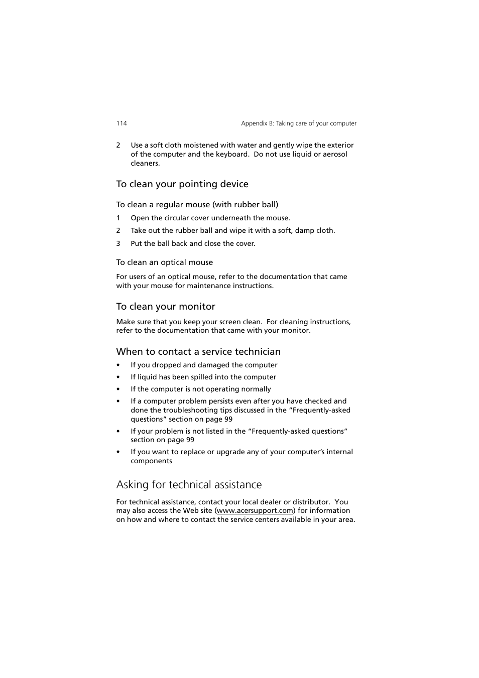Asking for technical assistance, When to contact a service technician | Acer 5600 series User Manual | Page 120 / 122