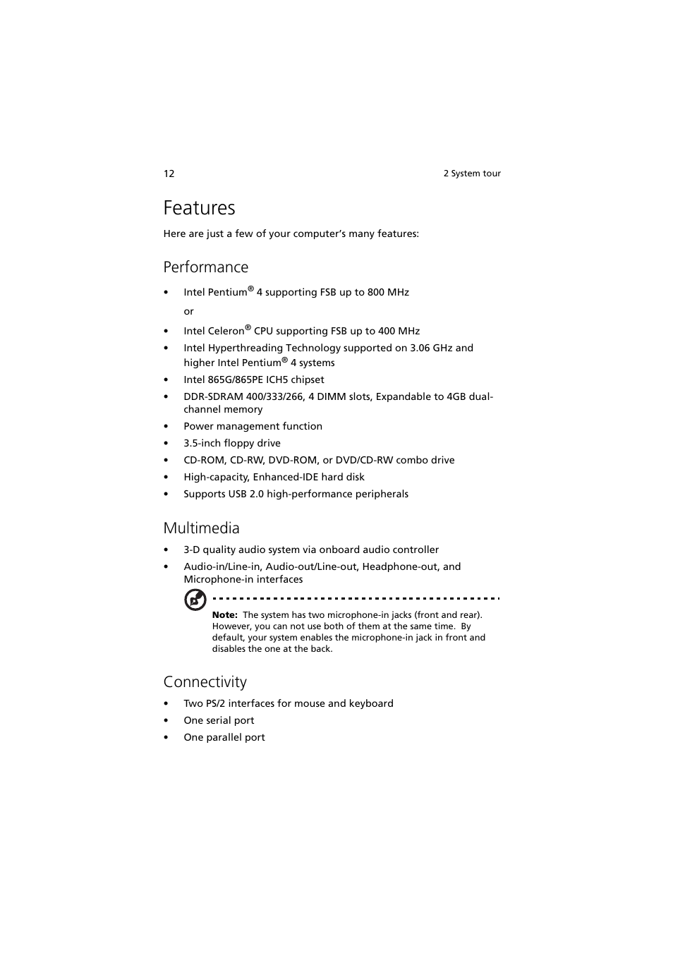 Features, Performance, Multimedia | Connectivity, Features 12 | Acer 5600 series User Manual | Page 18 / 122