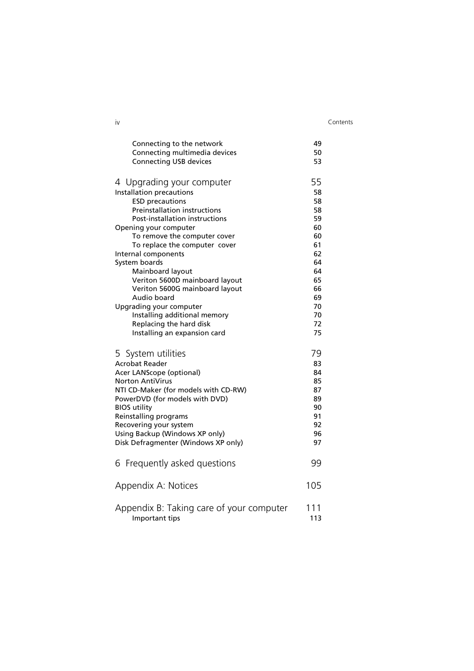 4 upgrading your computer 55, 5 system utilities 79 | Acer 5600 series User Manual | Page 4 / 122