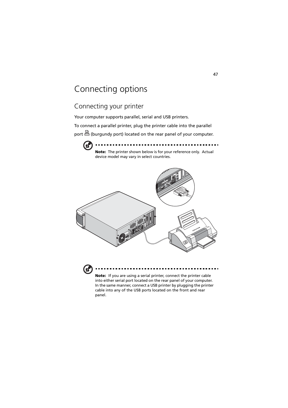 Connecting options, Connecting your printer | Acer 5600 series User Manual | Page 53 / 122