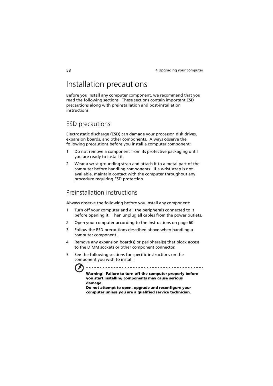 Installation precautions, Esd precautions, Preinstallation instructions | Acer 5600 series User Manual | Page 64 / 122