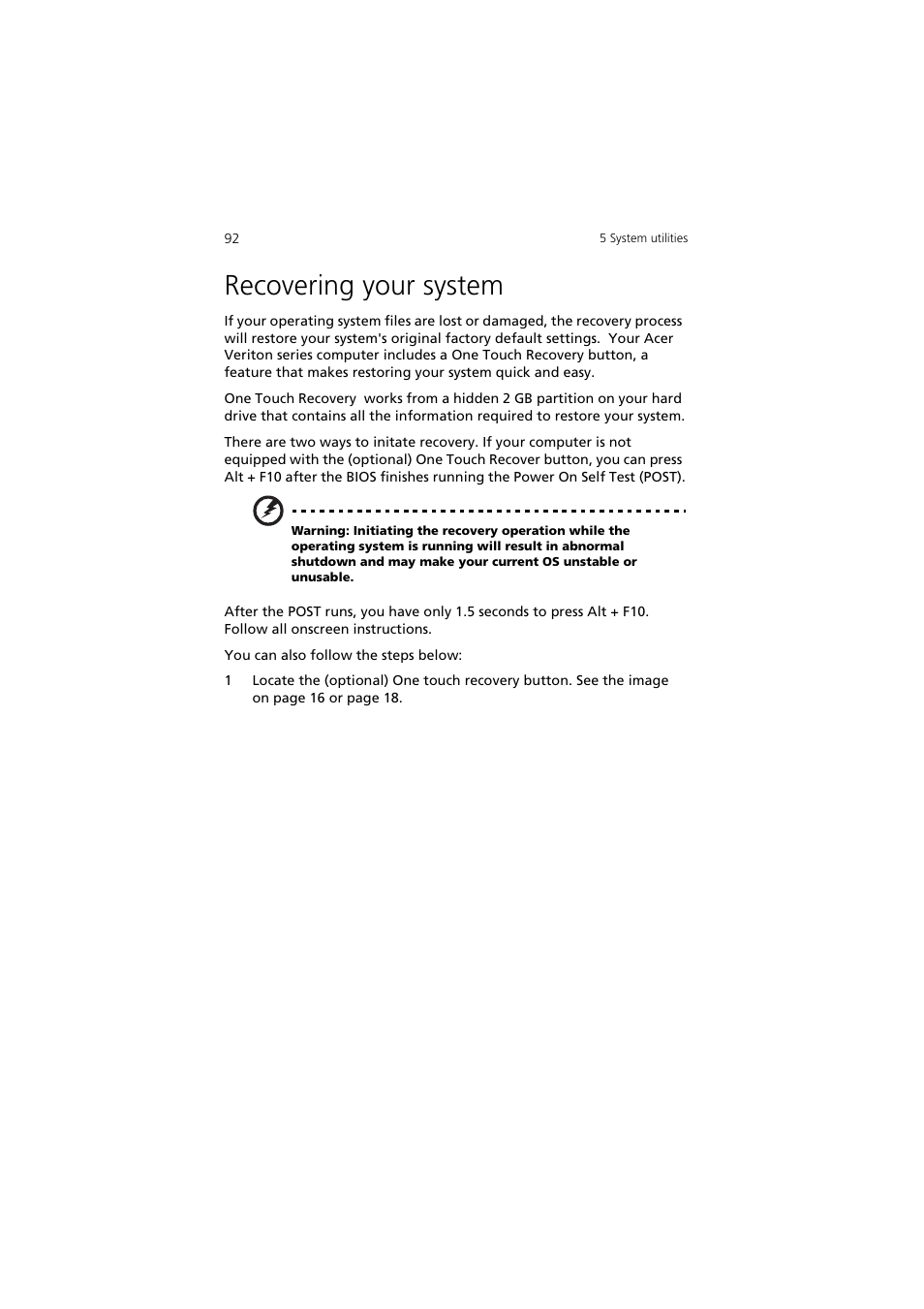 Recovering your system | Acer 5600 series User Manual | Page 98 / 122