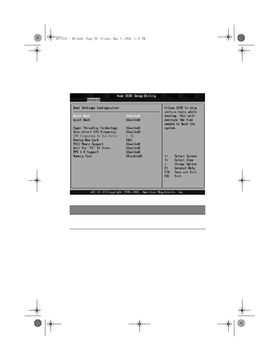 Boot settings configuration | Acer Altos G310 User Manual | Page 106 / 130