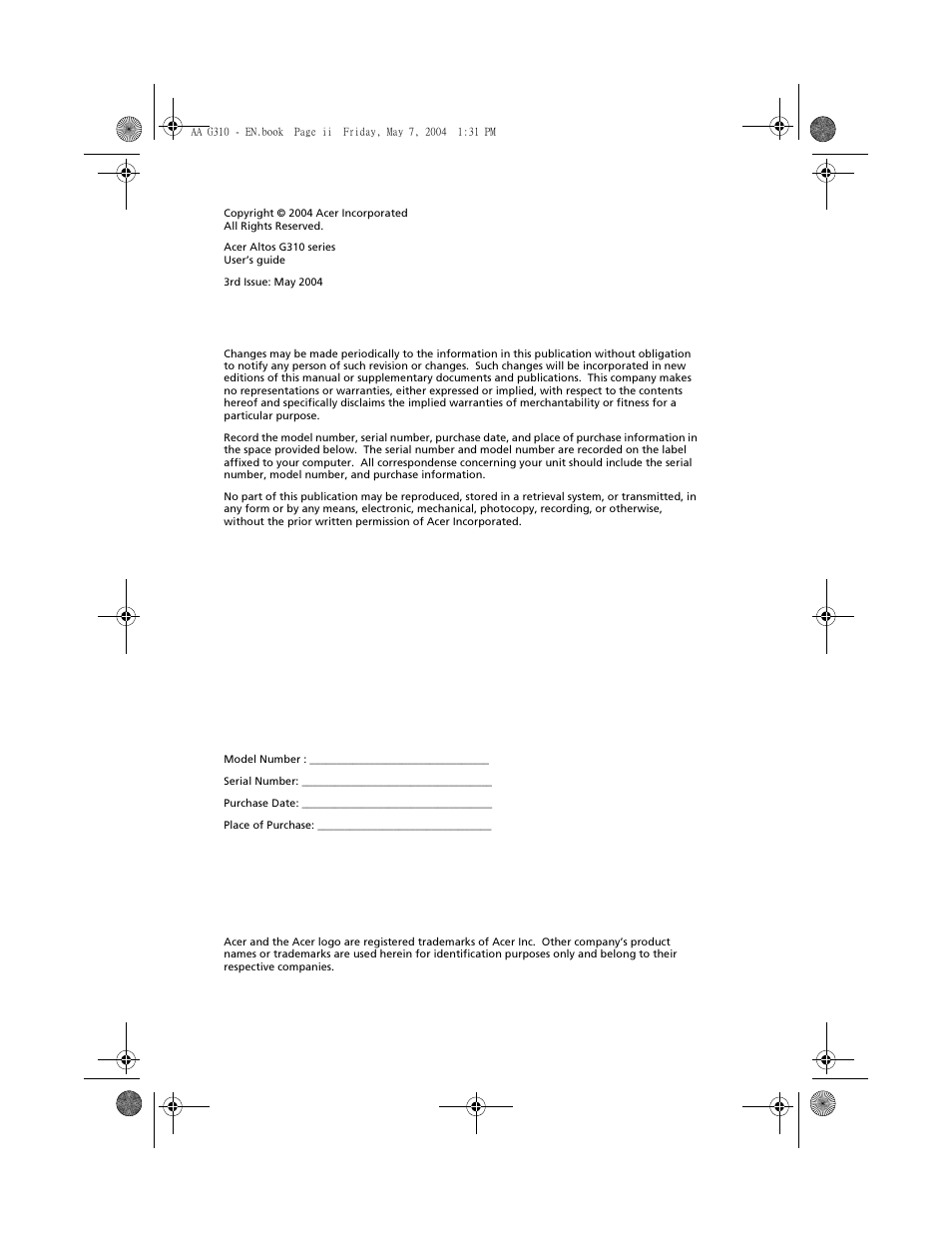 Acer Altos G310 User Manual | Page 2 / 130