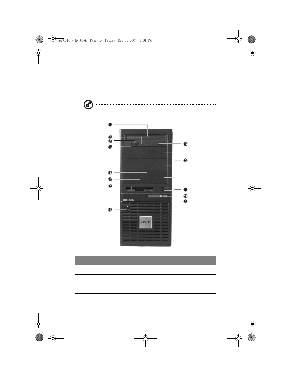 External and internal structure, Front bezel | Acer Altos G310 User Manual | Page 23 / 130