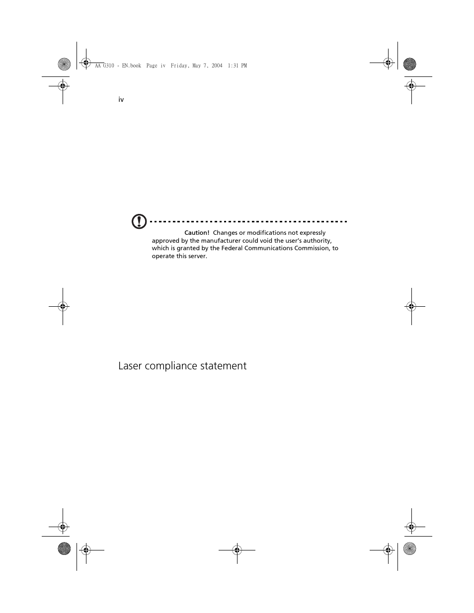 Laser compliance statement | Acer Altos G310 User Manual | Page 4 / 130