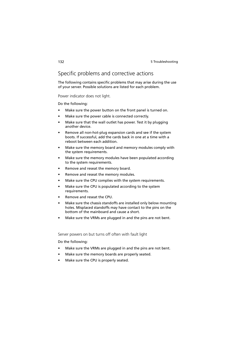 Specific problems and corrective actions | Acer Altos R910 Series User Manual | Page 142 / 192