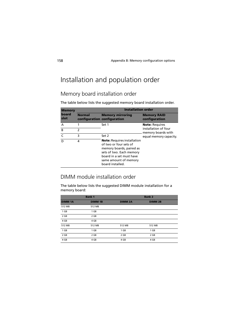 Installation and population order, Memory board installation order, Dimm module installation order | Acer Altos R910 Series User Manual | Page 168 / 192