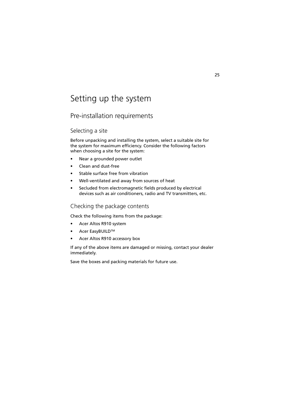 Setting up the system, Pre-installation requirements, Selecting a site | Checking the package contents | Acer Altos R910 Series User Manual | Page 35 / 192