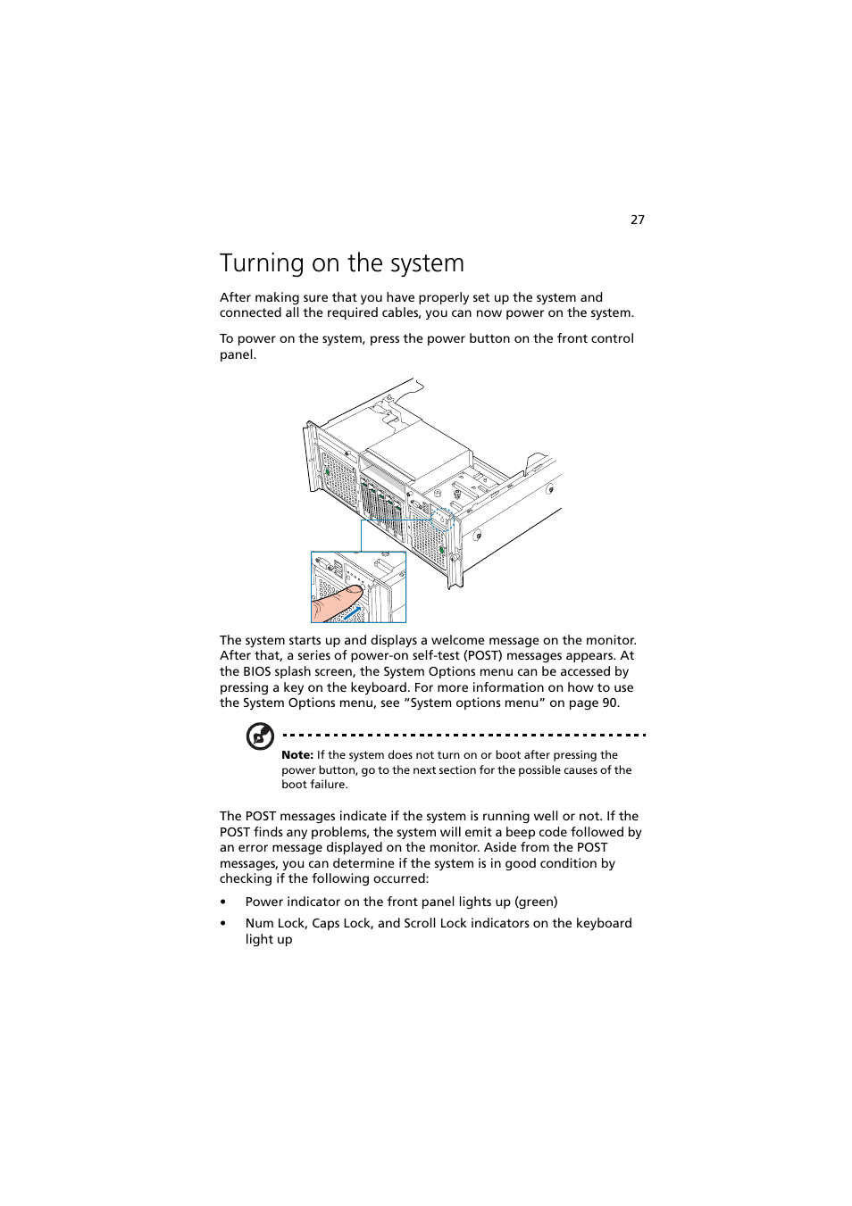 Turning on the system | Acer Altos R910 Series User Manual | Page 37 / 192
