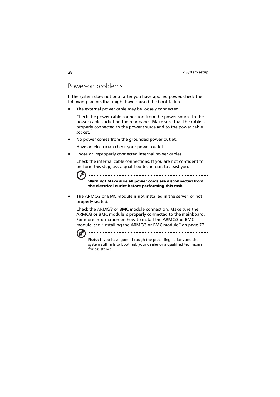 Power-on problems | Acer Altos R910 Series User Manual | Page 38 / 192