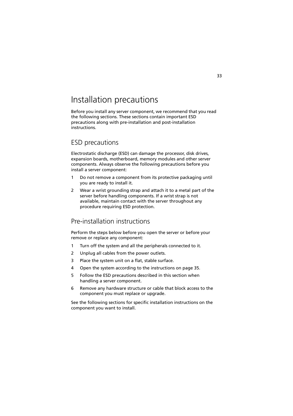 Installation precautions, Esd precautions, Pre-installation instructions | Acer Altos R910 Series User Manual | Page 43 / 192