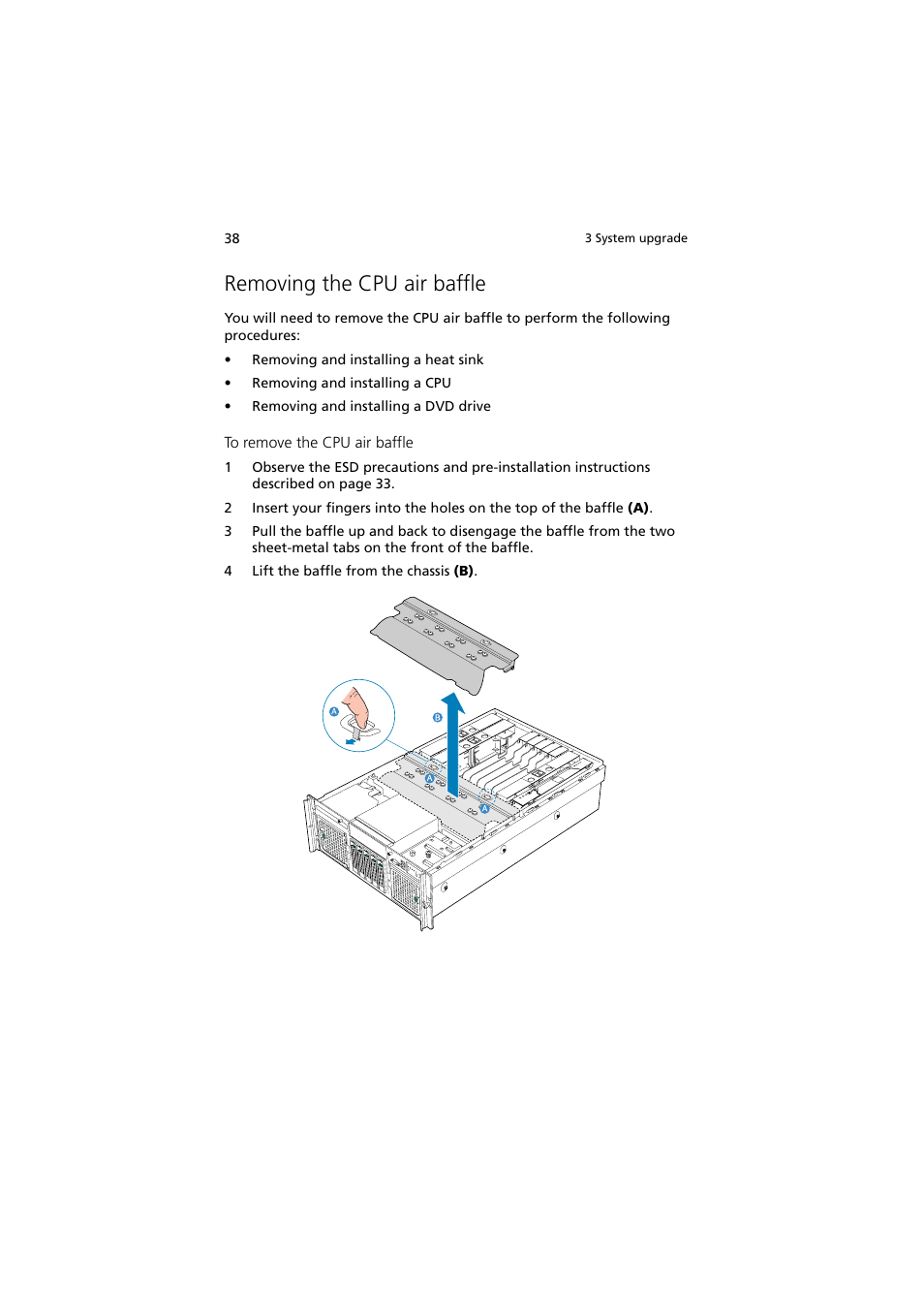 Removing the cpu air baffle | Acer Altos R910 Series User Manual | Page 48 / 192