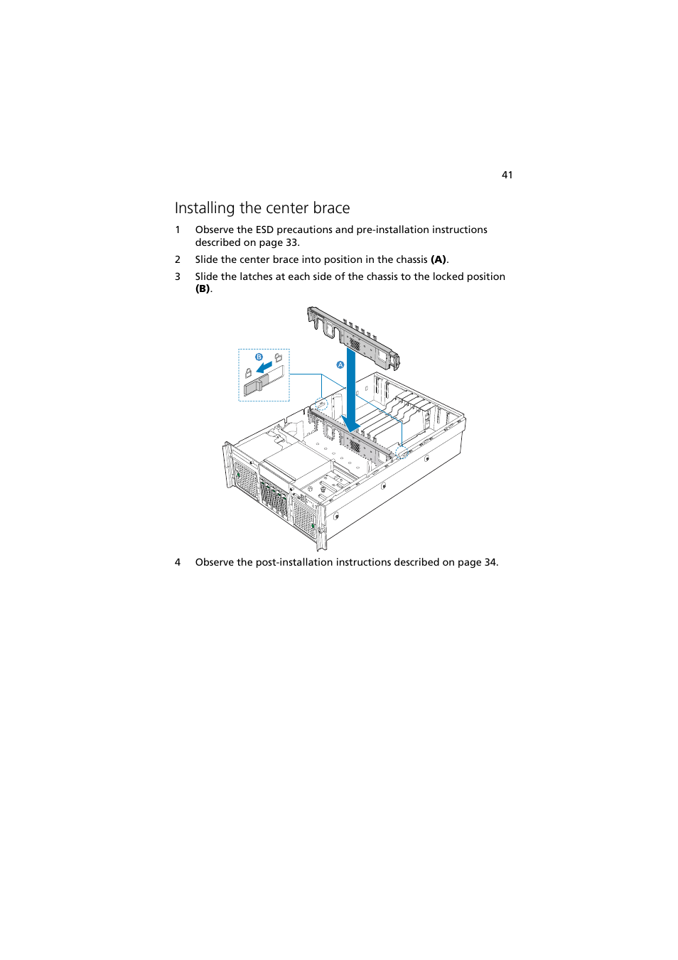 Installing the center brace | Acer Altos R910 Series User Manual | Page 51 / 192