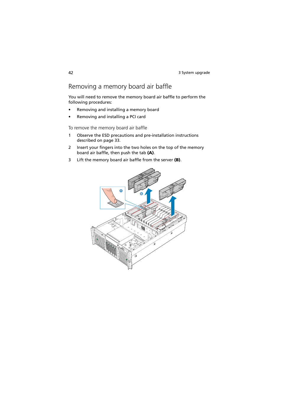 Removing a memory board air baffle | Acer Altos R910 Series User Manual | Page 52 / 192