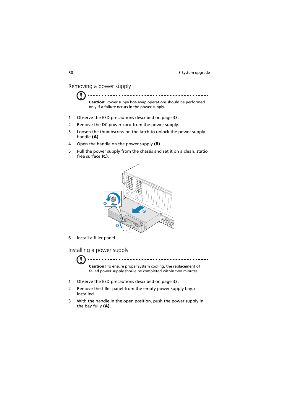 Removing a power supply, Installing a power supply | Acer Altos R910 Series User Manual | Page 60 / 192