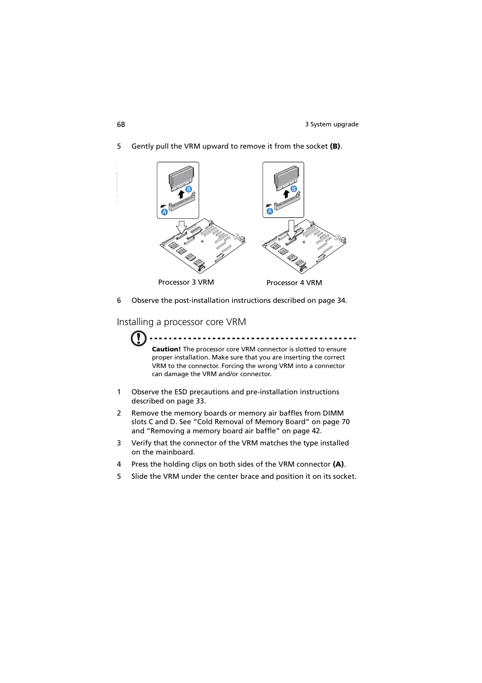 Installing a processor core vrm | Acer Altos R910 Series User Manual | Page 78 / 192