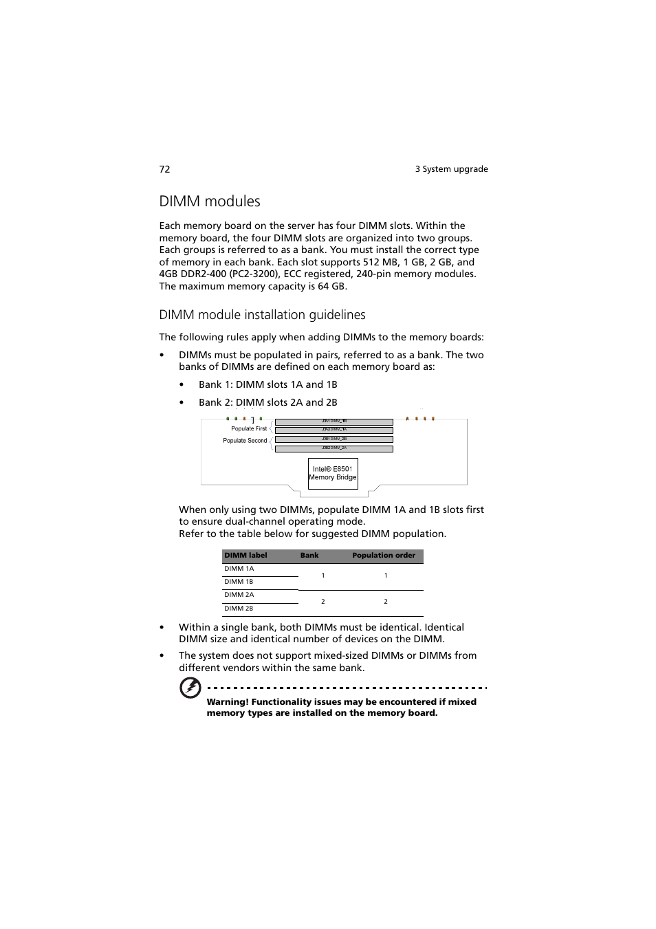 Dimm modules, Dimm module installation guidelines | Acer Altos R910 Series User Manual | Page 82 / 192