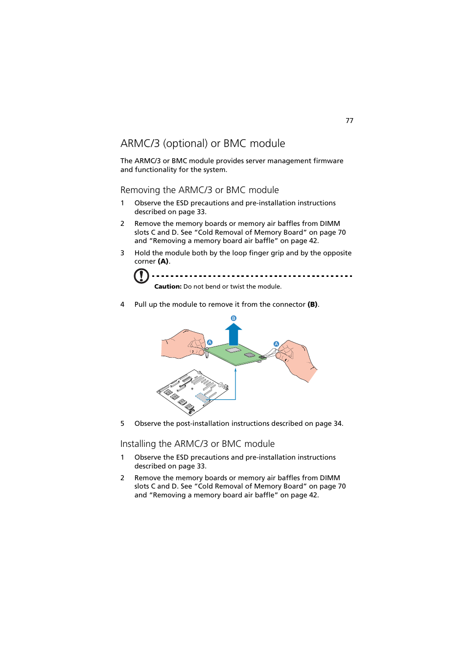 Armc/3 (optional) or bmc module, Removing the armc/3 or bmc module, Installing the armc/3 or bmc module | Acer Altos R910 Series User Manual | Page 87 / 192