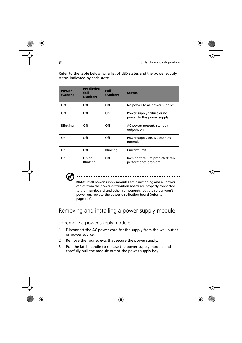 Removing and installing a power supply module | Acer Altos G900 User Manual | Page 100 / 248