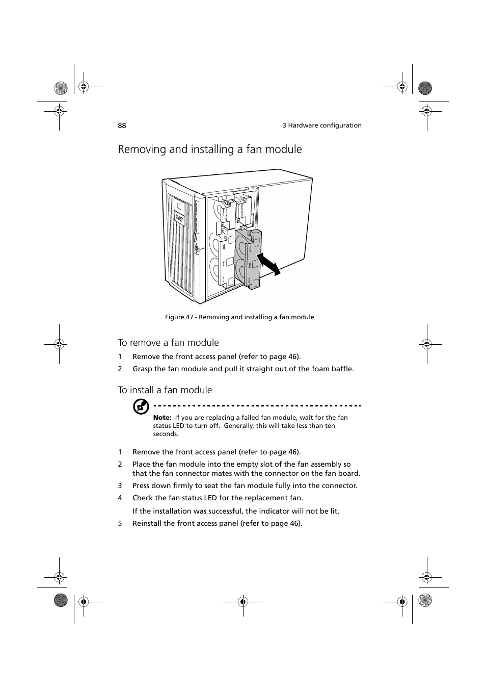 Removing and installing a fan module | Acer Altos G900 User Manual | Page 104 / 248