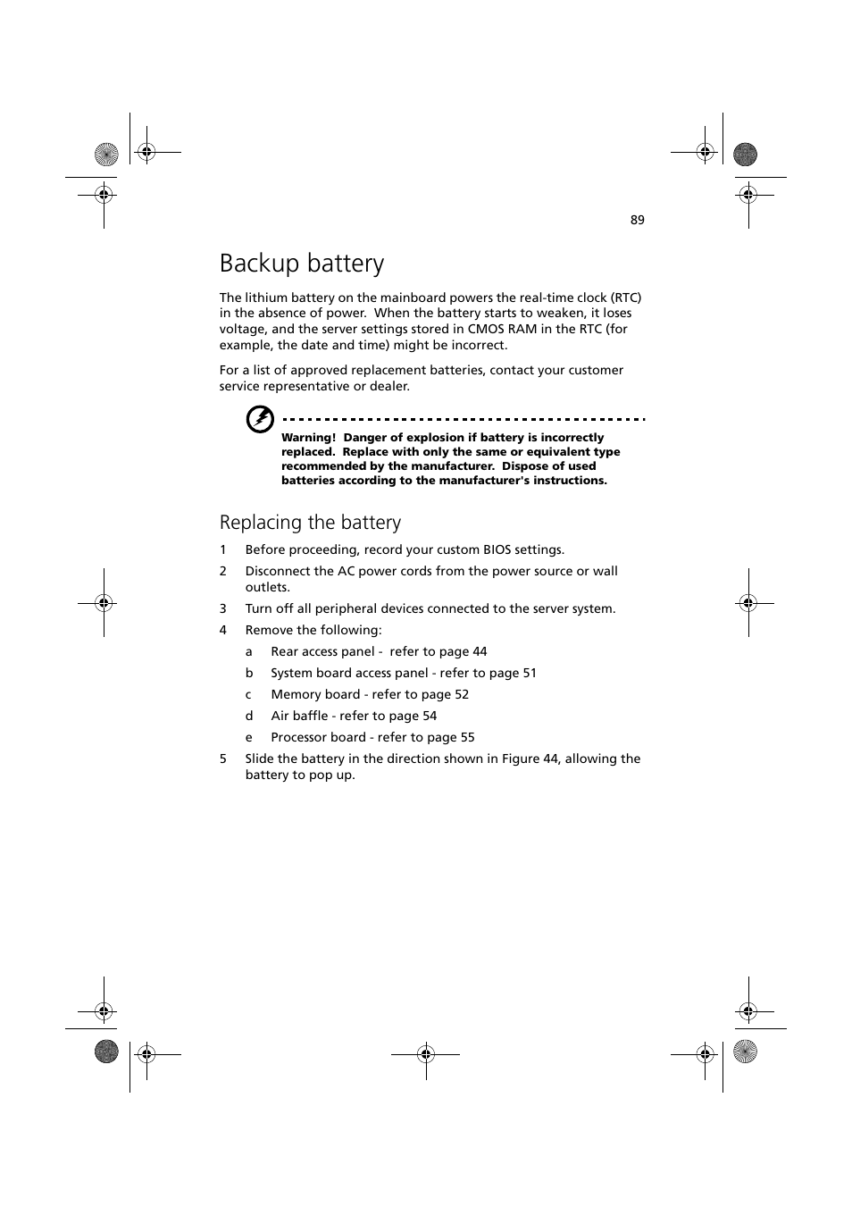Backup battery, Replacing the battery | Acer Altos G900 User Manual | Page 105 / 248