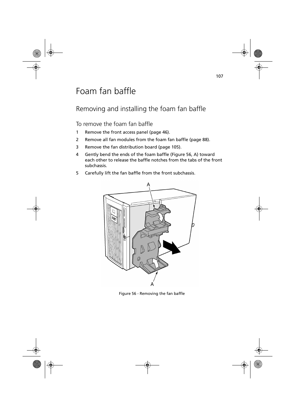 Foam fan baffle, Removing and installing the foam fan baffle | Acer Altos G900 User Manual | Page 123 / 248