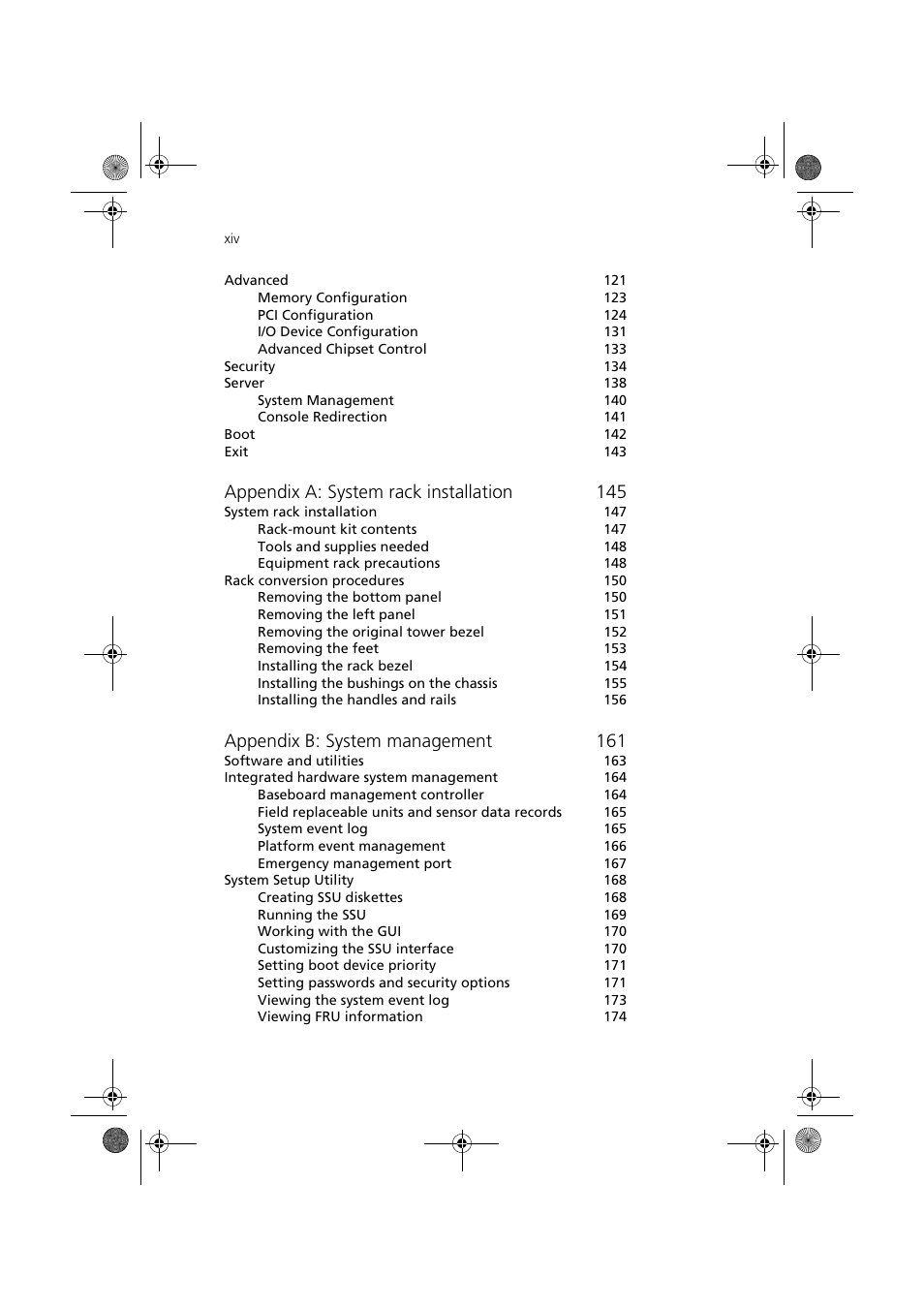 Appendix a: system rack installation 145, Appendix b: system management 161 | Acer Altos G900 User Manual | Page 14 / 248