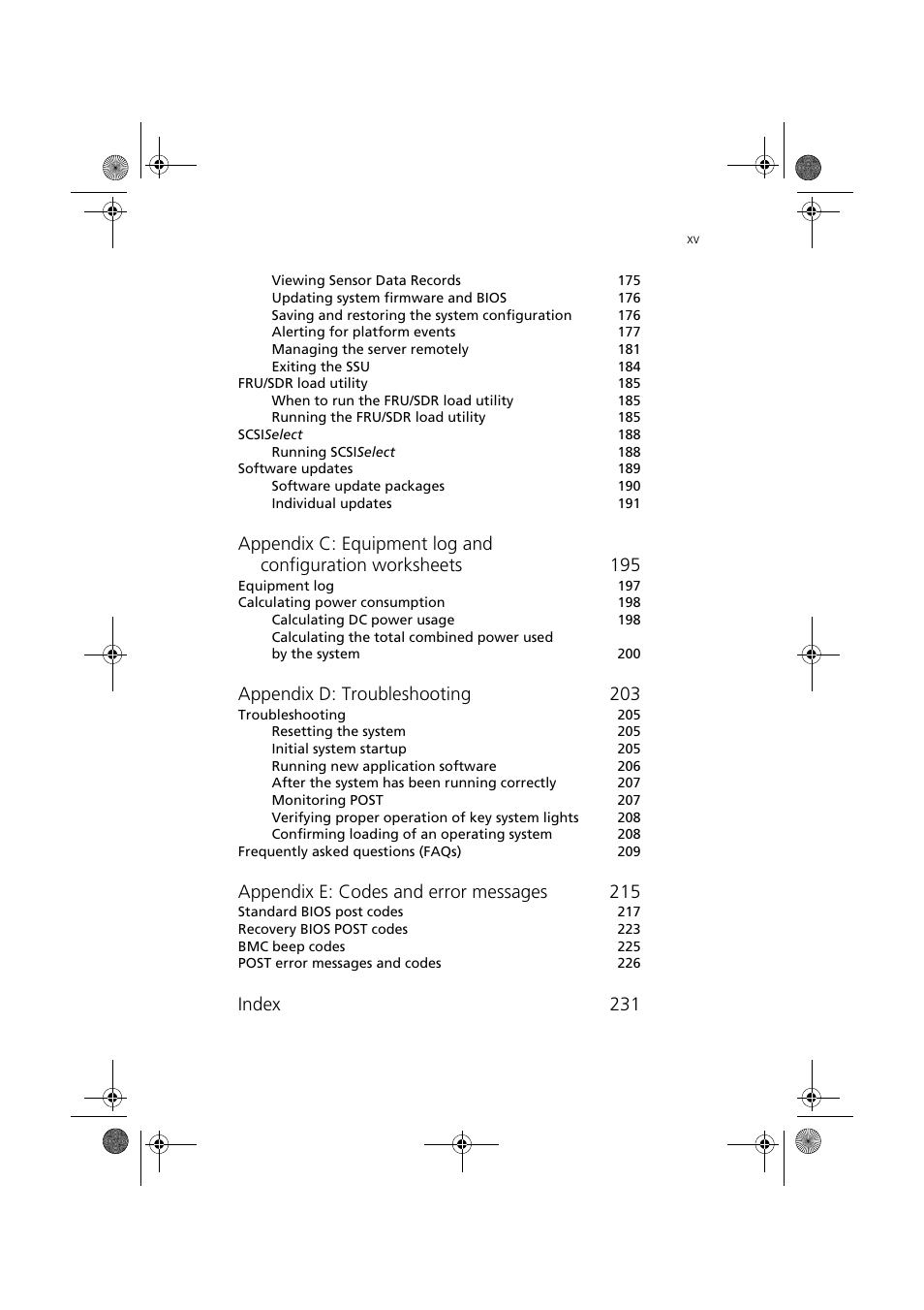 Appendix d: troubleshooting 203, Appendix e: codes and error messages 215, Index 231 | Acer Altos G900 User Manual | Page 15 / 248