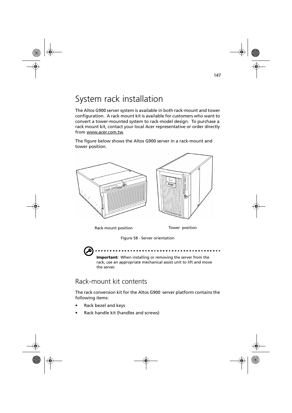 System rack installation, Rack-mount kit contents | Acer Altos G900 User Manual | Page 163 / 248