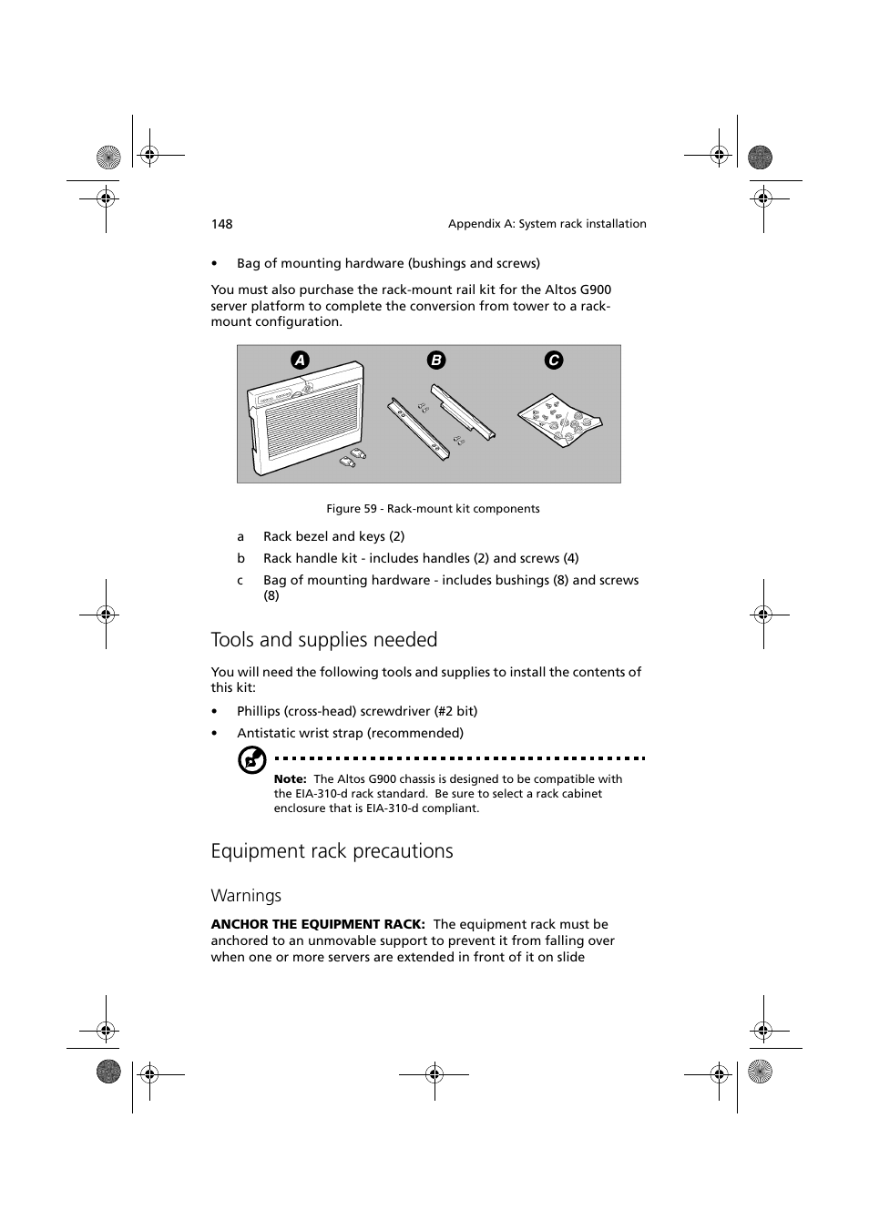 Tools and supplies needed, Equipment rack precautions, Warnings | Acer Altos G900 User Manual | Page 164 / 248