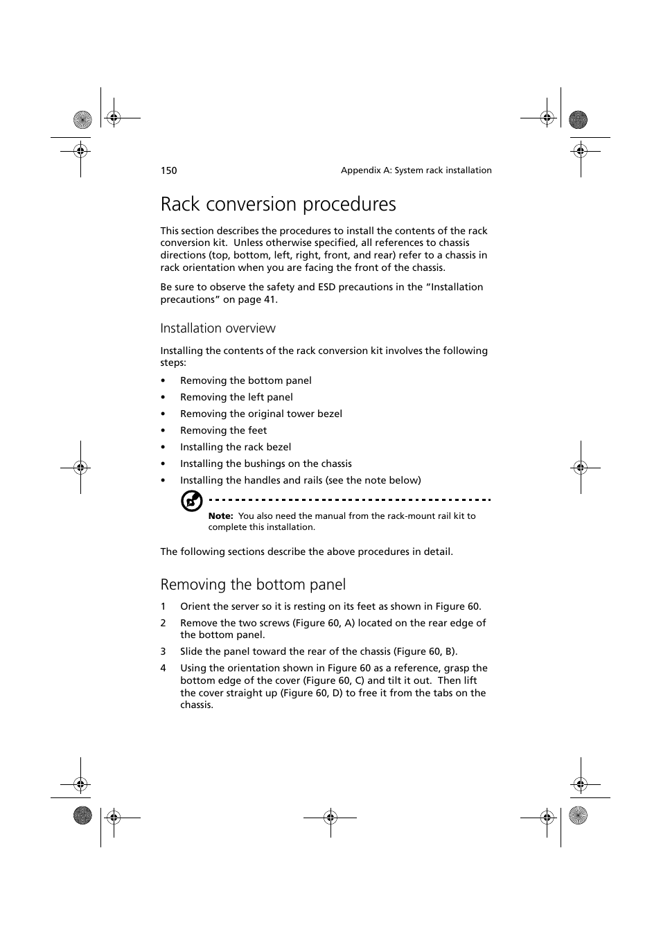 Rack conversion procedures, Removing the bottom panel, Installation overview | Acer Altos G900 User Manual | Page 166 / 248