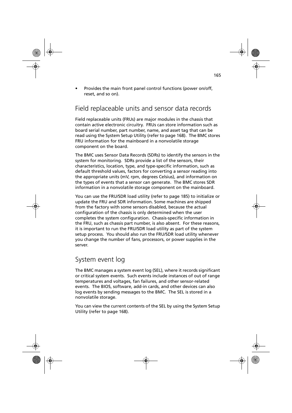 Field replaceable units and sensor data records, System event log | Acer Altos G900 User Manual | Page 181 / 248